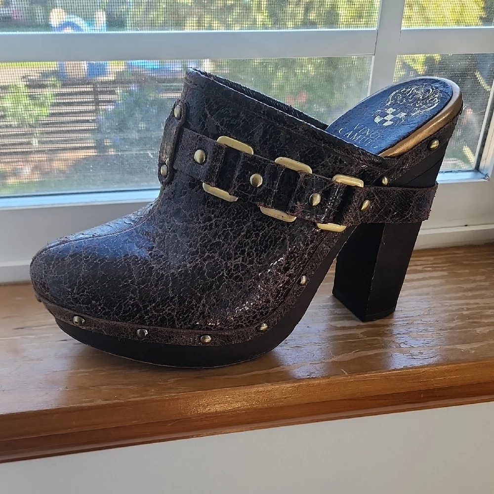 Vince Camuto Black Brown Crackle Leather Studded Platform Mules Grunge Y2K - Picture 4 of 16